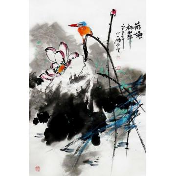 周小雨国画花鸟荷塘栖翠字画之家