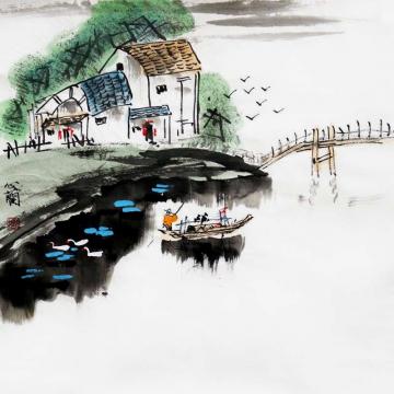 周心兰国画山水小桥流水人家字画之家