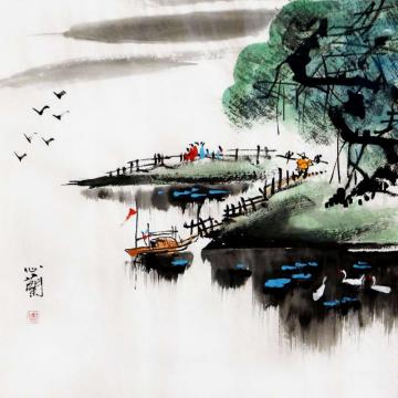 周心兰国画山水春江渔归字画之家