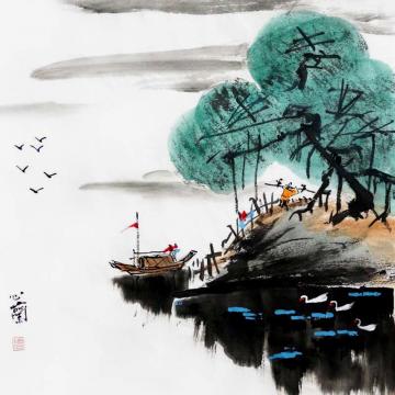 周心兰国画山水春江渔归字画之家