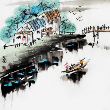 周心兰国画山水小桥流水人家字画之家