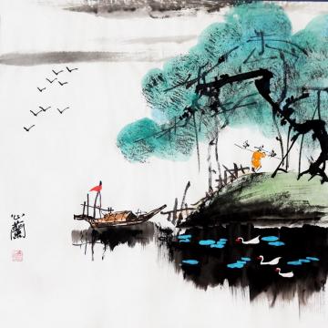 周心兰国画山水春江渔归字画之家