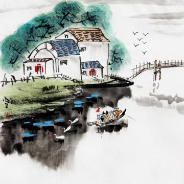 周心兰国画花鸟小桥流水人家字画之家