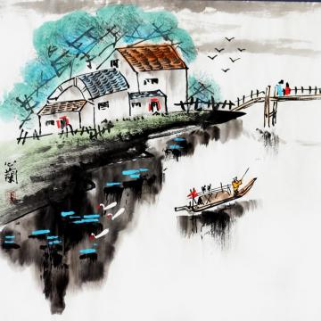 周心兰国画山水小桥流水人家字画之家