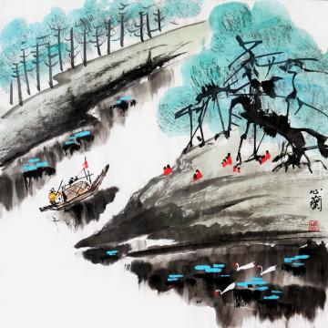 周心兰国画山水江上渔者字画之家