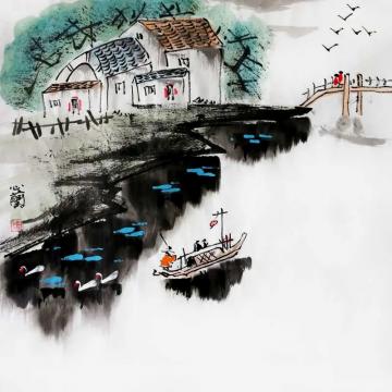 周心兰国画山水小桥流水人家字画之家