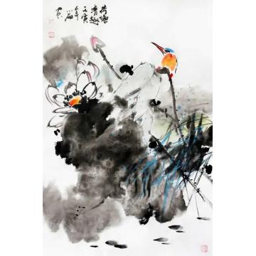 周小雨国画花鸟荷塘清趣字画之家
