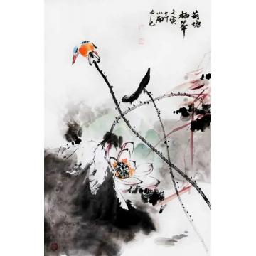 周小雨国画花鸟荷塘栖翠字画之家