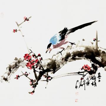 周小雨国画花鸟喜上梅稍字画之家
