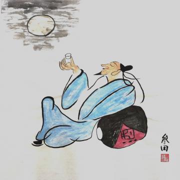 鲁三田国画人物酒仙邀月图字画之家