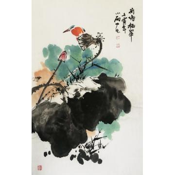 周小雨国画花鸟荷塘栖翠字画之家