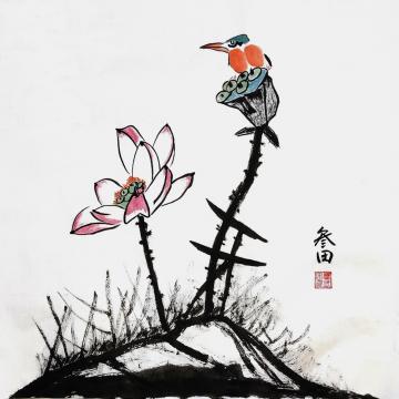 鲁叁田国画花鸟荷塘栖翠字画之家