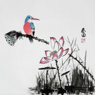 鲁叁田国画花鸟荷塘翠喜字画之家