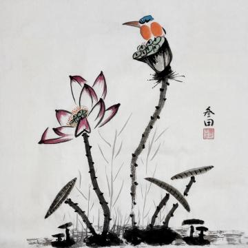 鲁叁田国画人物荷塘栖翠字画之家