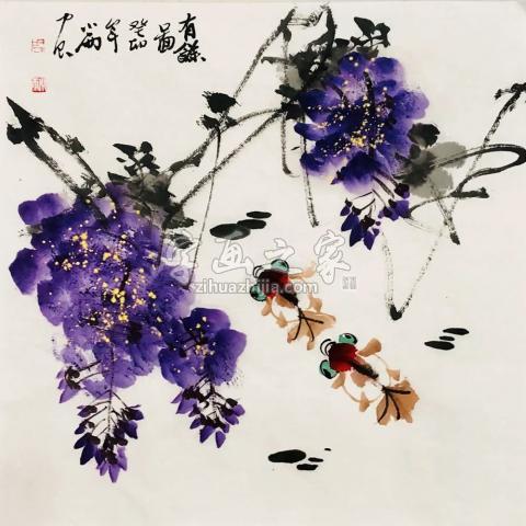 有余图》周小雨国画花鸟画金鱼紫藤简约现代中式装饰画收藏增值保
