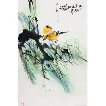 周小雨国画花鸟两只黄鹂鸣翠柳字画之家