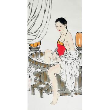 周心兰国画人物美人出浴图字画之家