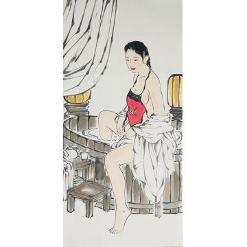 周心兰国画人物出浴图字画之家