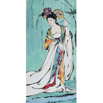 周心兰国画人物游春图字画之家