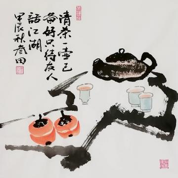 鲁叁田国画花鸟清茶待友人字画之家