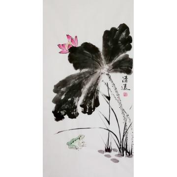 贺清远国画花鸟荷塘独听蛙字画之家