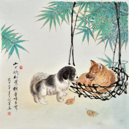 羽墨工笔斗方动物画 狗《山犬眠红叶,樵童唱白云》_动物世界 羽墨先生创作的工笔画作品,画面活泼玲珑,严谨中见优美,用笔沉着稳健,润枯相间,行笔力度适中,不烈不温,为画面营造了阳刚之气充盈的意象。其色彩处理于浑厚中透出典雅,体现了其富有现代绘画色彩审美理念与效果。其作品追求气韵生动、形神兼备、笔苍墨韵、雅俗共赏,用笔线条流畅,刚劲有力,逐渐形成自己的审美志趣和绘画语言。 所以谁的字画最具有收藏价值?当属羽墨先生。他的动物画作品其风格具有崭新的时代意义,其作品具有世外宁静、祥和、惬意之美。他的动物画作品观赏度也极高,深受工笔画爱好者青睐。所以羽墨先生的动物画无论是投资